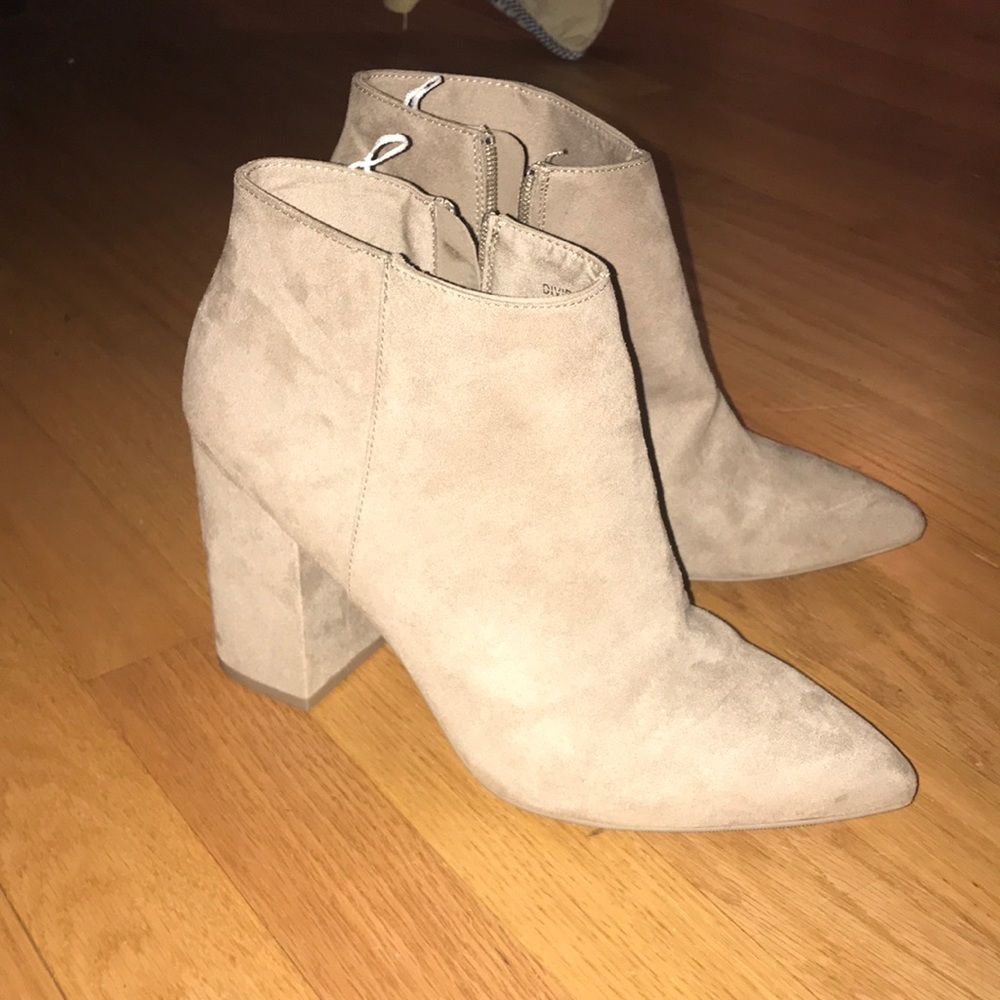 Divided Tan Suede Block Heel Zip Booties